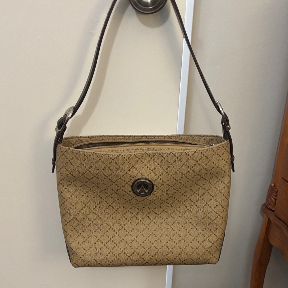 Women's Tan Patterned Shoulder Bag with Dark Brown Strap